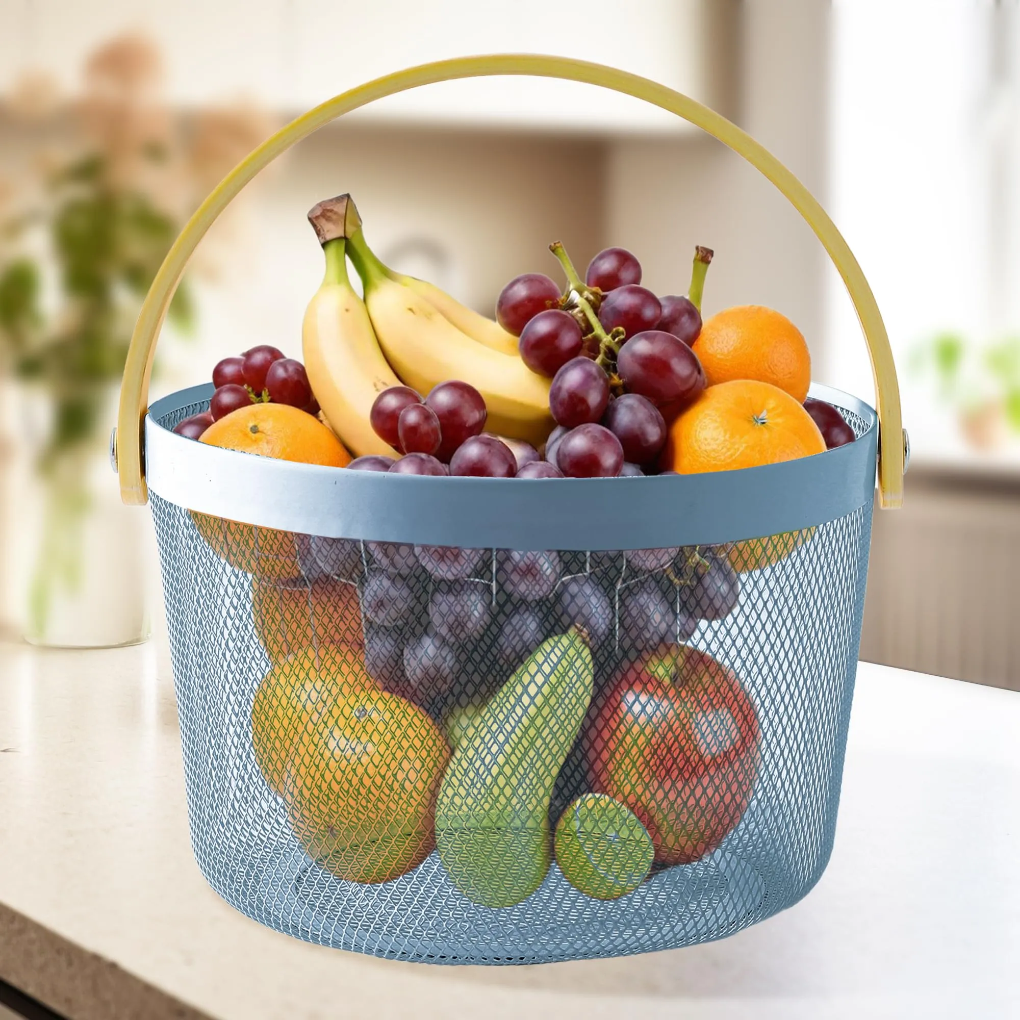 UMAI Metal Mesh Basket for Storage with Wooden Handle (Blue - 400gm) | Pack of 2 | Baskets for organizing home | Fruit Basket and Vegetable basket for kitchen | Organisers Storage Box |