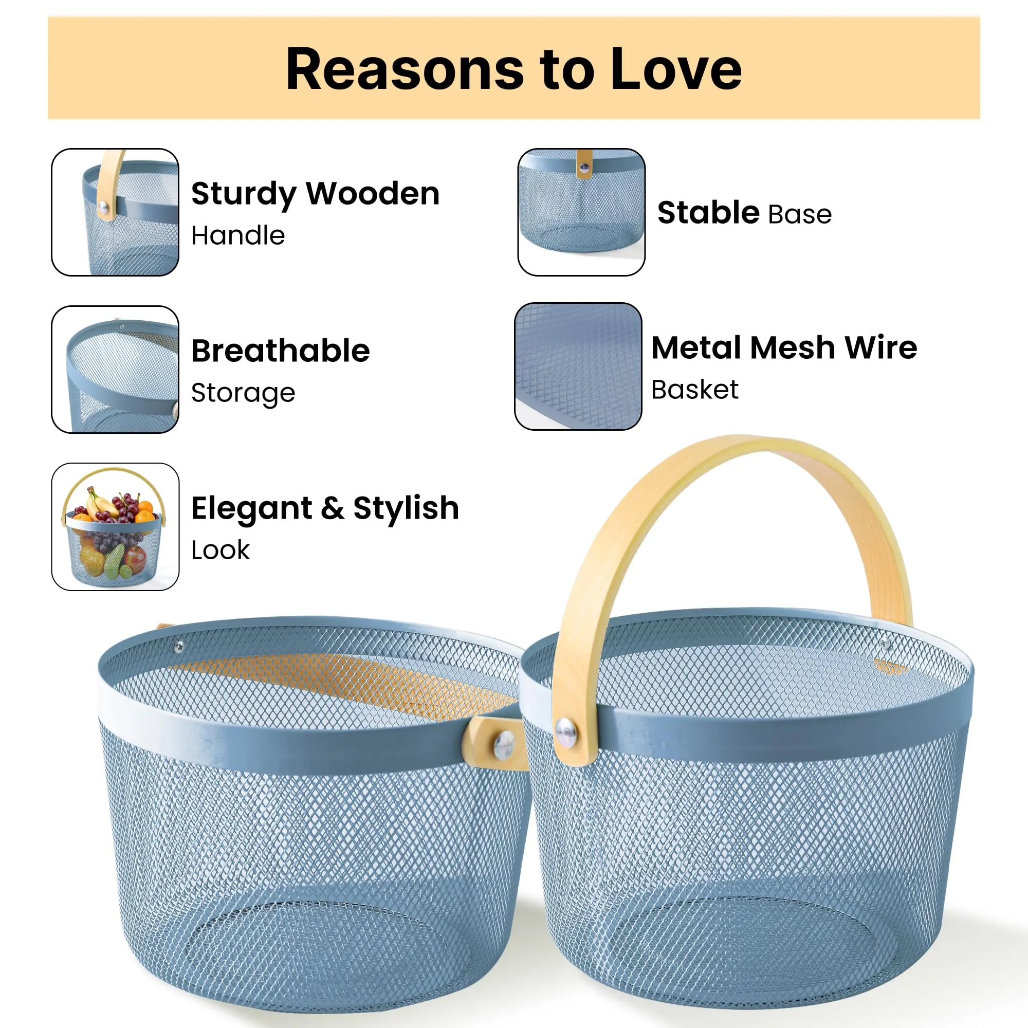 UMAI Metal Mesh Basket for Storage with Wooden Handle (Blue - 400gm) | Pack of 2 | Baskets for organizing home | Fruit Basket and Vegetable basket for kitchen | Organisers Storage Box |