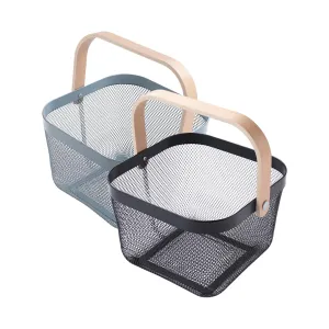 UMAI Metal Mesh Basket for Storage With Wooden Handles (Black & Blue) | Home Decor Items for Living Room | Picnic Basket | Fruit Basket | Storage Baskets | Storage Organizer for Clothes