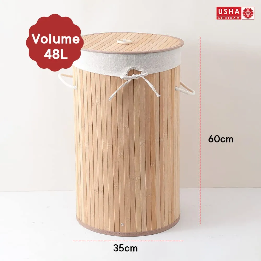 USHA SHRIRAM Foldable Bamboo Laundry Basket With Lid | Sustainable & Eco-Friendly | Travel Essential | Solid Laundry Basket (35cmx35cmx60cm) | Easy To Carry (2 Pcs, Dark Brown)