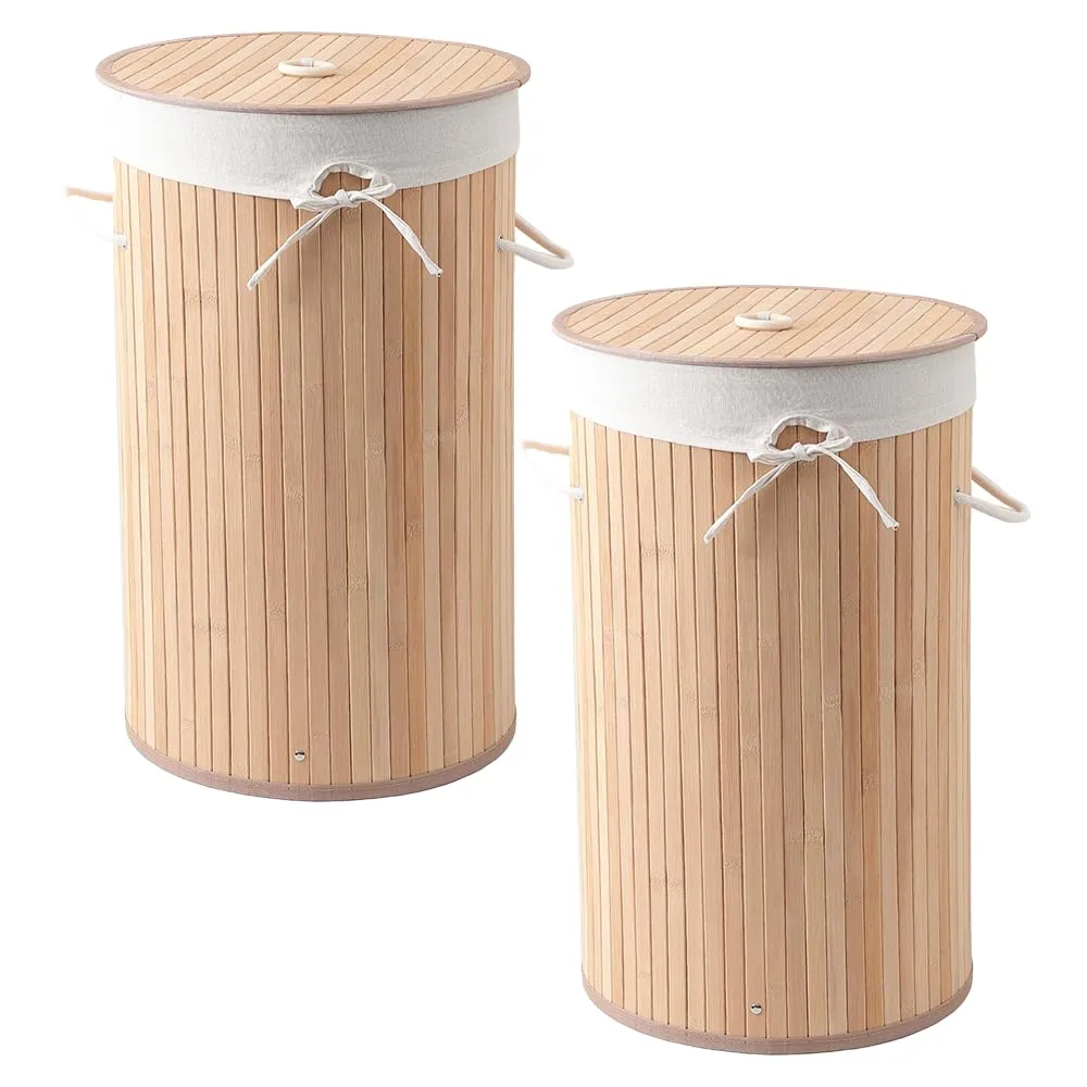 USHA SHRIRAM Foldable Bamboo Laundry Basket With Lid | Sustainable & Eco-Friendly | Travel Essential | Solid Laundry Basket (35cmx35cmx60cm) | Easy To Carry (2 Pcs, Dark Brown)