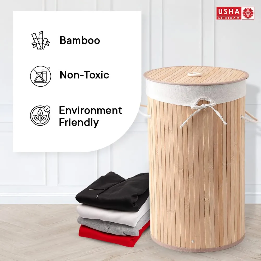 USHA SHRIRAM Foldable Bamboo Laundry Basket With Lid | Sustainable & Eco-Friendly | Travel Essential | Solid Laundry Basket (35cmx35cmx60cm) | Easy To Carry (2 Pcs, Dark Brown)