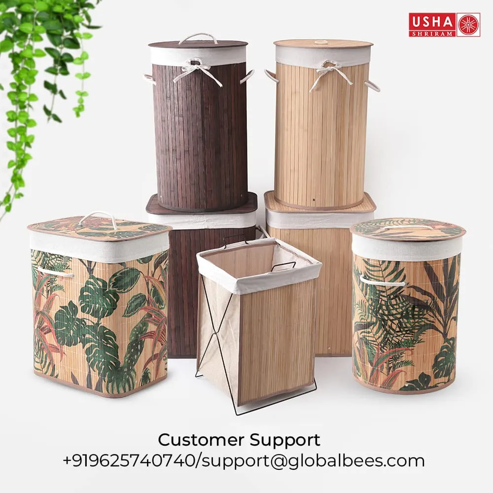 USHA SHRIRAM Foldable Bamboo Laundry Basket With Lid | Sustainable & Eco-Friendly | Travel Essential | Solid Laundry Basket (35cmx35cmx60cm) | Easy To Carry (2 Pcs, Dark Brown)