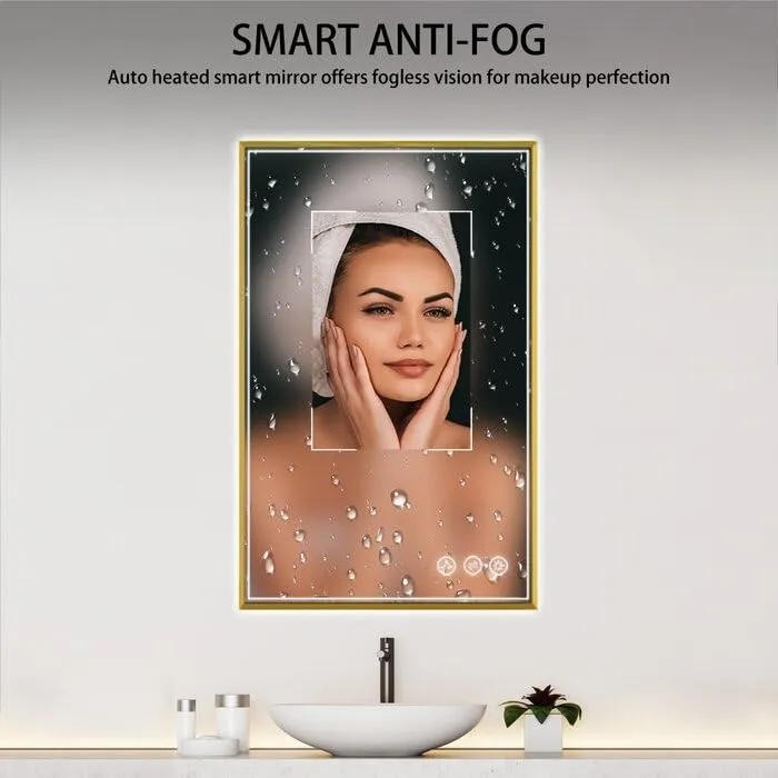 VENETIAN IMAGE Rectangle Metal Frame Lighted LED Mirror with Defogger, Dimmer & Adjustable 3 Color Temperature (Brush Gold, 36"x24" Inch)