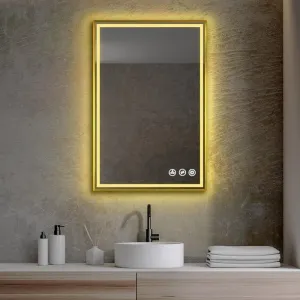 VENETIAN IMAGE Rectangle Metal Frame Lighted LED Mirror with Defogger, Dimmer & Adjustable 3 Color Temperature (Brush Gold, 36"x24" Inch)