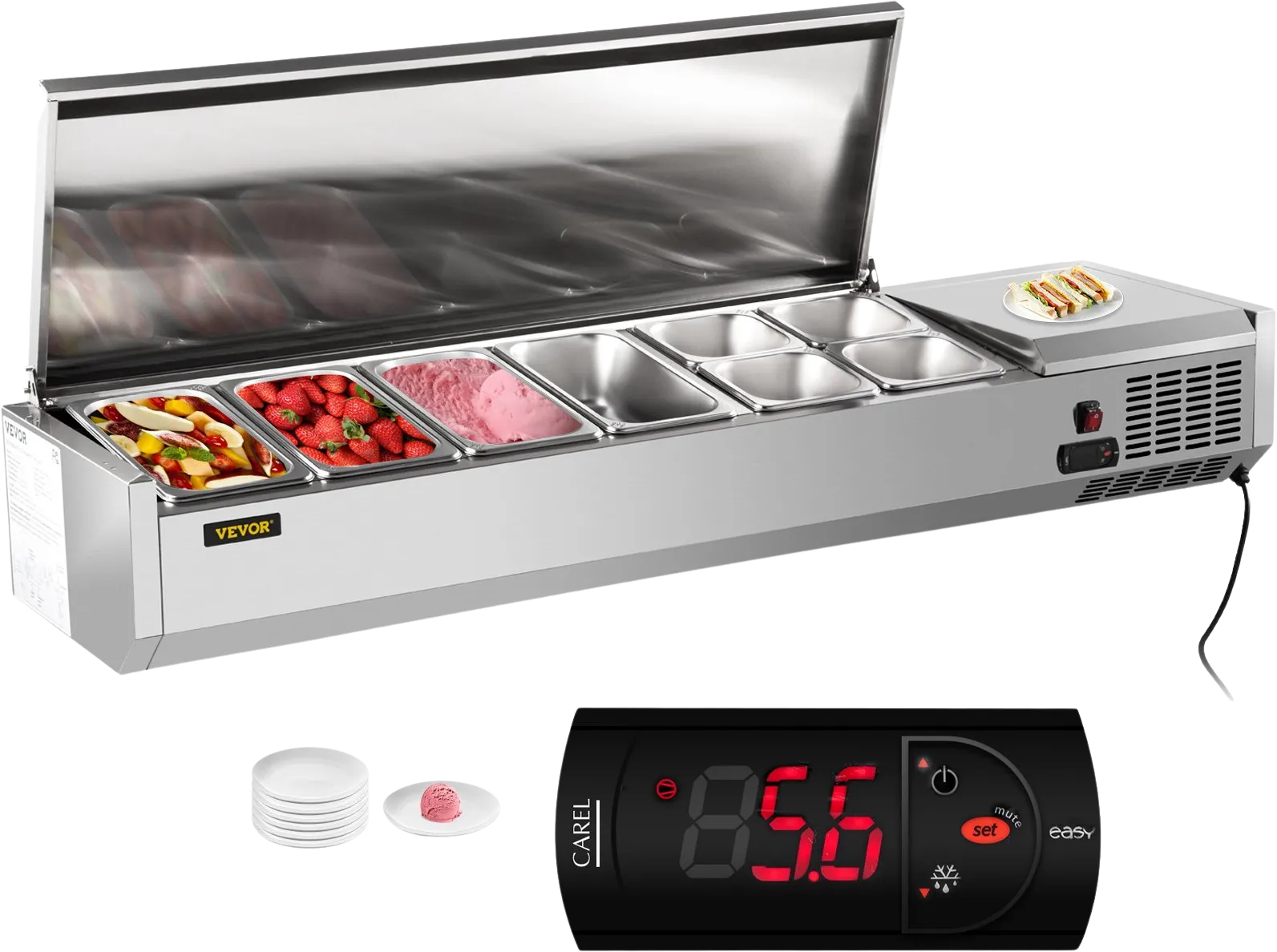 Vevor Refrigerated Condiment Prep Station 59" with Removable Cover 150W Stainless Steel 16.8 Qt New