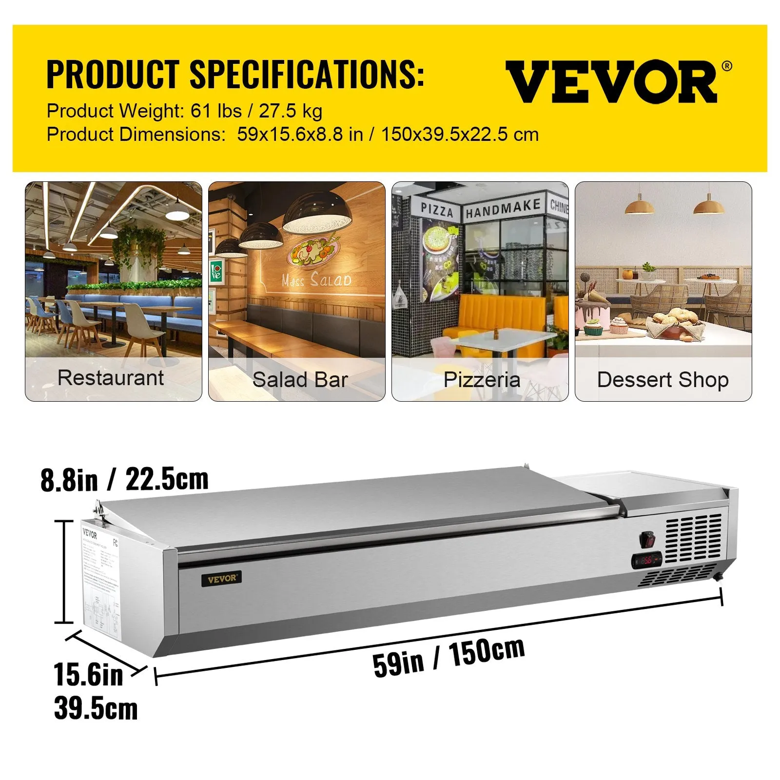 Vevor Refrigerated Condiment Prep Station 59" with Removable Cover 150W Stainless Steel 16.8 Qt New