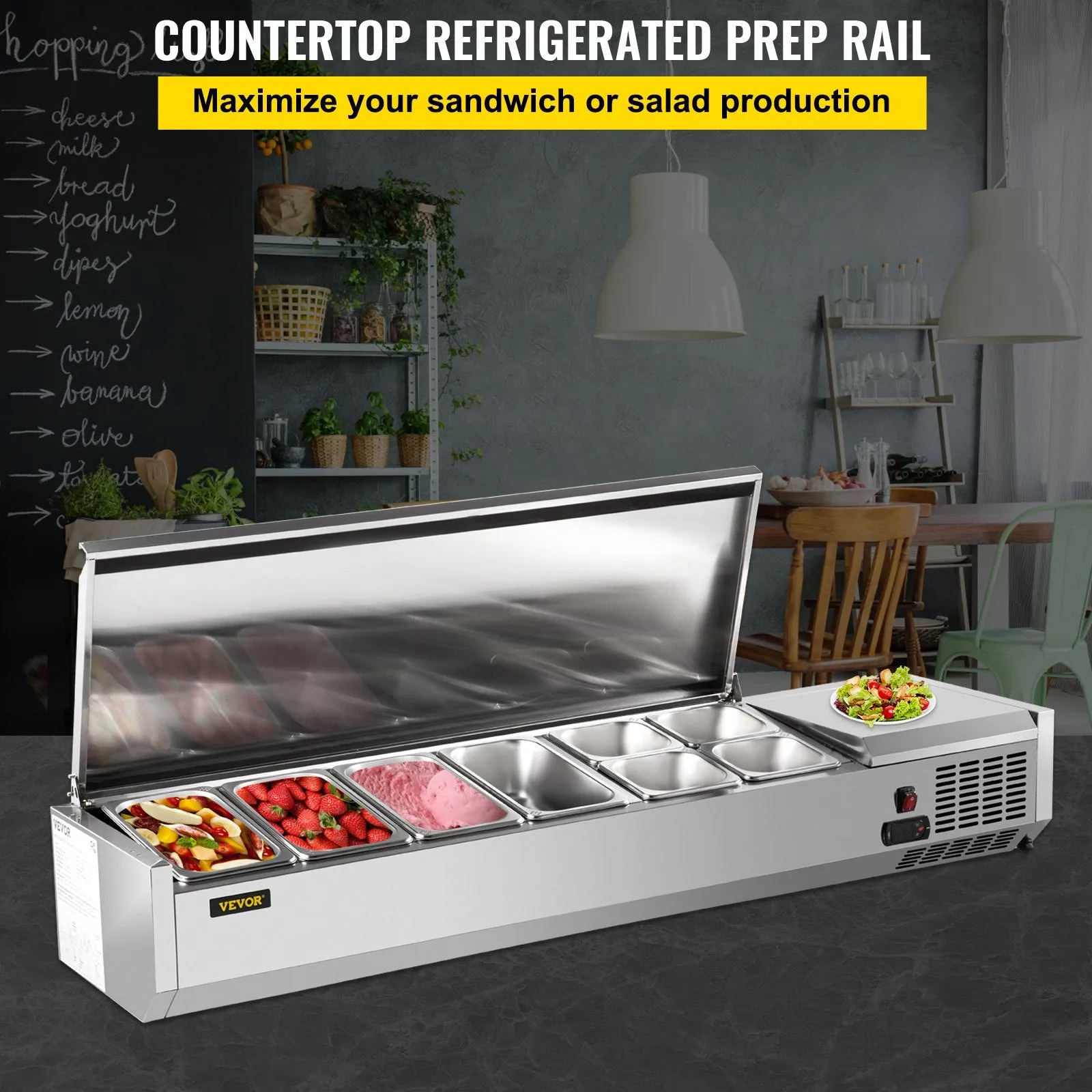 Vevor Refrigerated Condiment Prep Station 59" with Removable Cover 150W Stainless Steel 16.8 Qt New