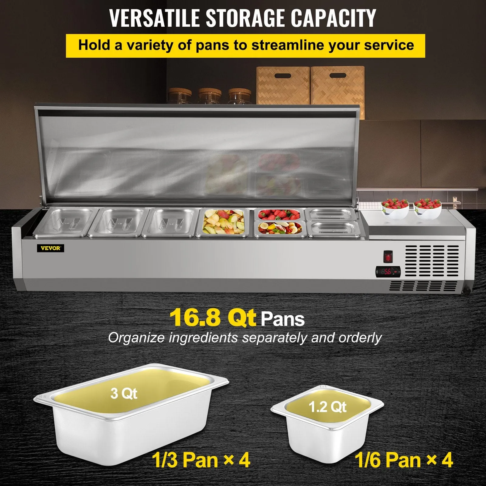 Vevor Refrigerated Condiment Prep Station 59" with Removable Cover 150W Stainless Steel 16.8 Qt New